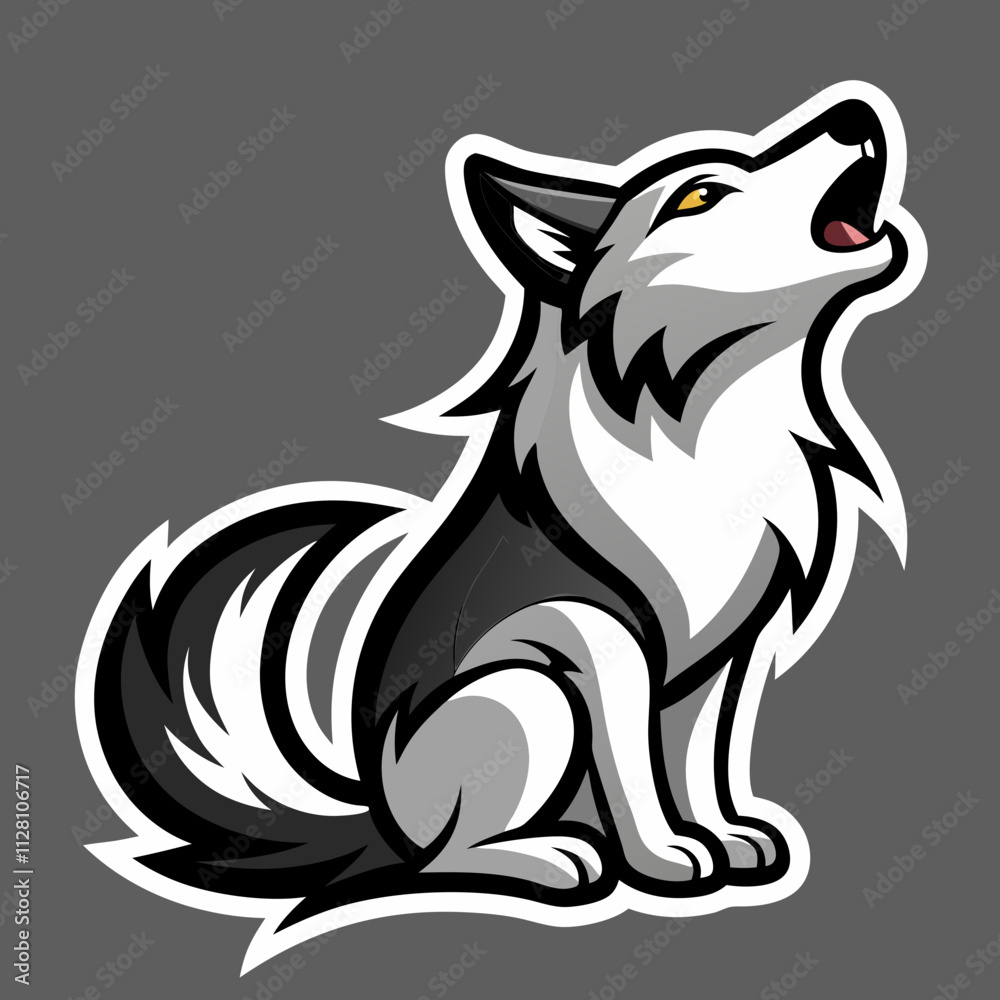 Vector Sticker of a Cute Howling Wolf in Black and White Vector Sticker of a Cute Howling Wolf in Black and White
