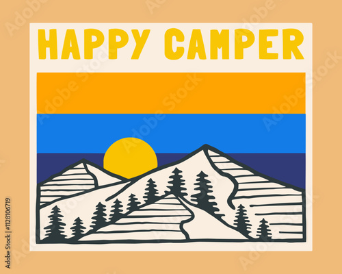 Vintage Hand drawing Happy camper and nature design for badge, sticker, t shirt and outdoor design