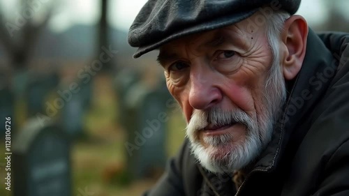 Heartbroken widower kneeling by a graveside, lost in mourning and solitude