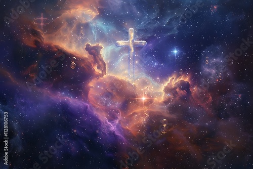 A luminous cross shines brightly amidst a vibrant, colorful nebula. Stars twinkle, creating a breathtaking celestial scene that evokes spirituality and wonder. photo