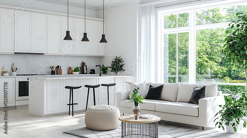 A white kitchen with an island barstools