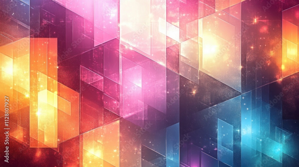 Vibrant Abstract Background with Translucent Squares and Glowing Lights