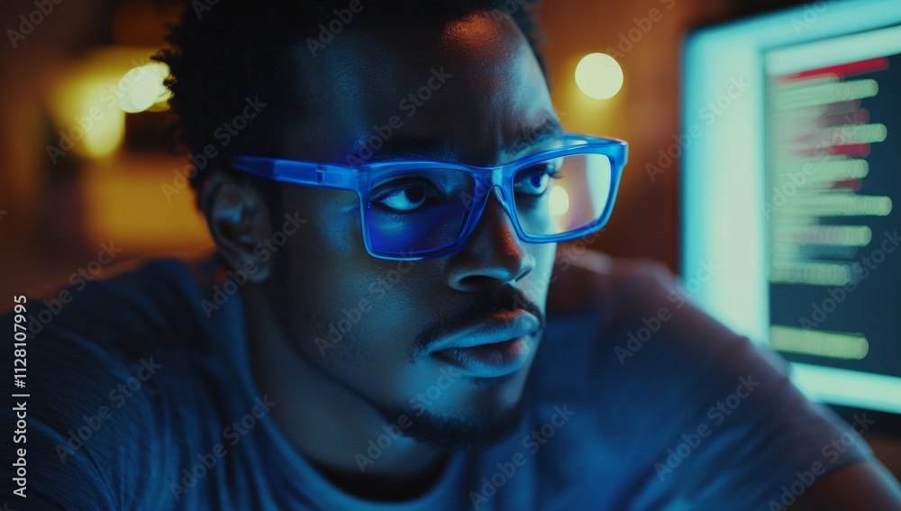 Portrait of a young african american man wearing glasses, looking at a computer screen in a dark room with code displayed on the screen.
Portrait of a young african american man wearing glasses, looking at a computer screen in a dark room with code displayed on the screen.