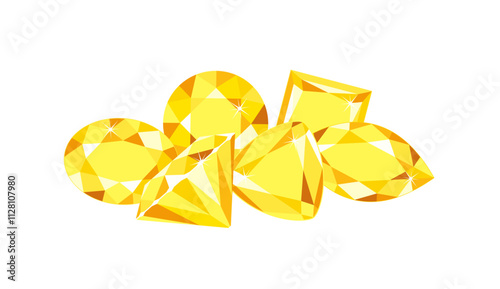 Heap of yellow gemstones isolated on white background. Vector cartoon flat illustration of yellow sapphires or diamonds.