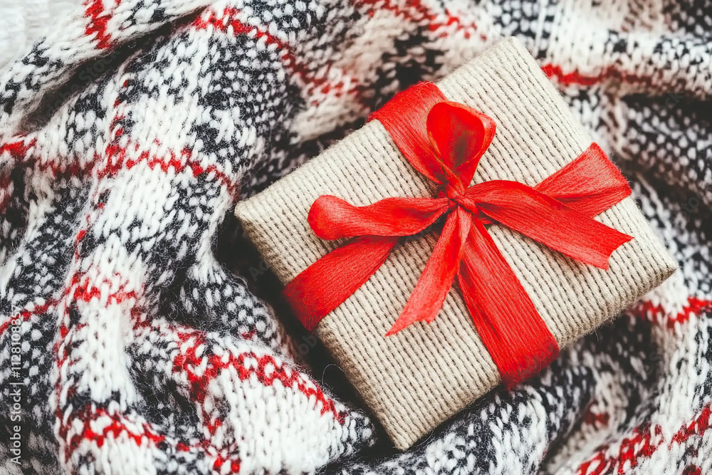 Cozy bed with a wrapped gift box adorned with a red ribbon, creating a warm, inviting home atmosphere for a Christmas present during the winter holiday season. Cozy bed with a wrapped gift box adorned with a red ribbon, creating a warm, inviting home atmosphere for a Christmas present during the winter holiday season.