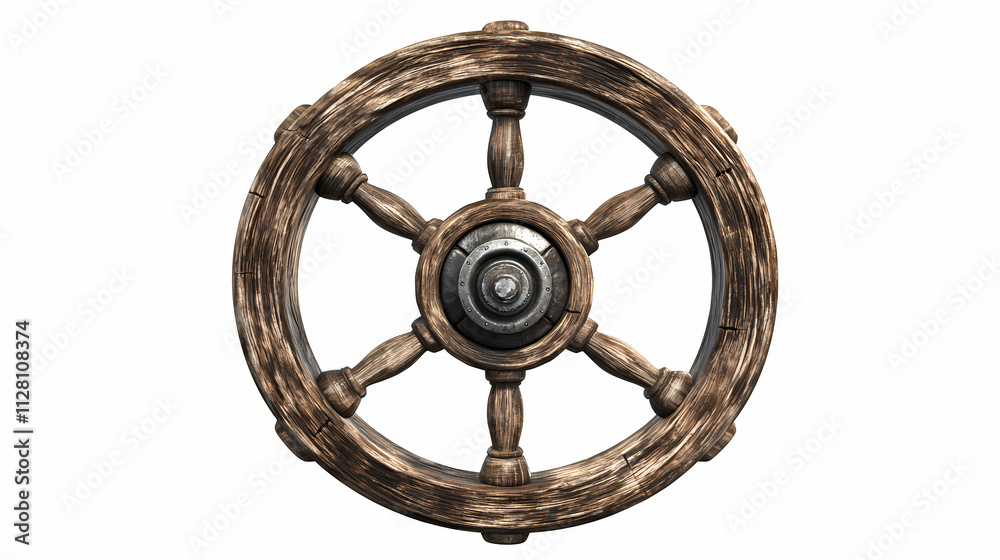 Obraz premium Vintage wooden ship wheel isolated on white background, symbolizing navigation and maritime adventure. rustic nautical decor, detailed close-up. Nautical. Illustration