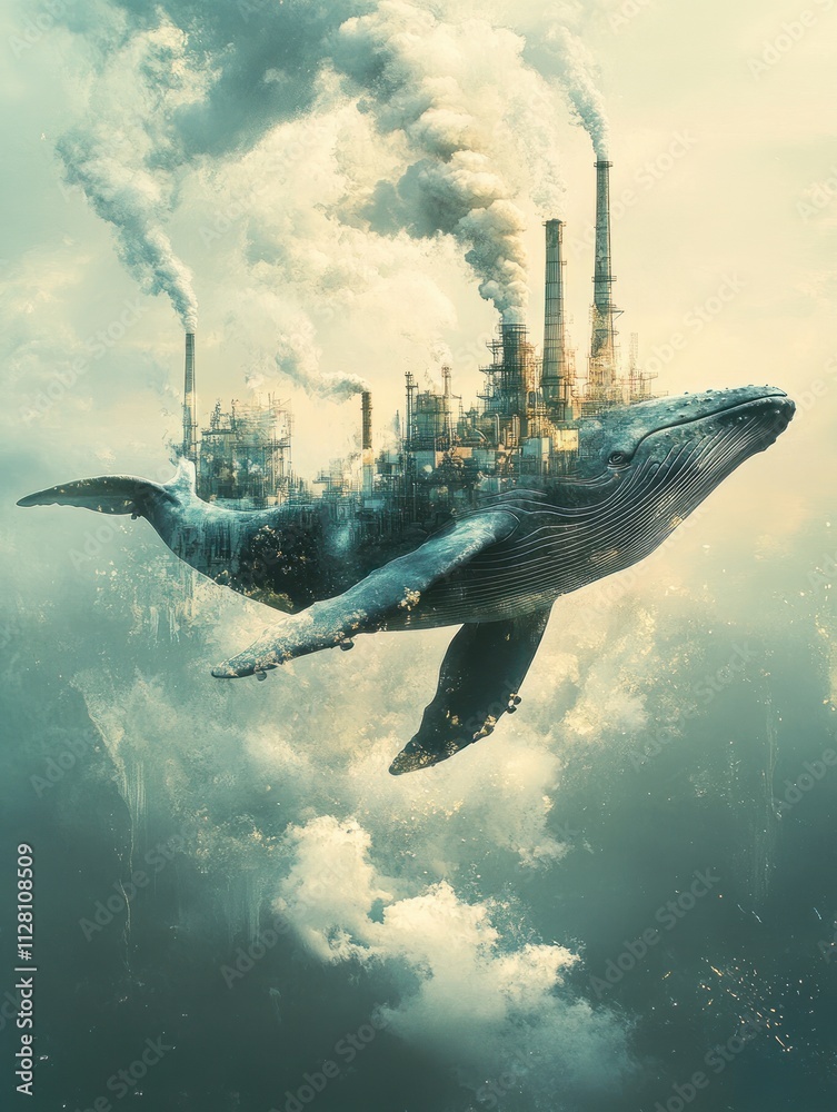 Naklejka premium Endangered Whale Soaring Through Industrial Skies Pollution and Habitat Destruction