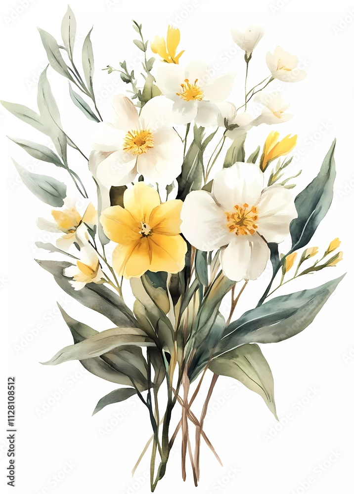 Watercolor wild flower bouquet on a white background, clip art for stickers in white and yellow tones. Watercolor wild flower bouquet on a white background, clip art for stickers in white and yellow tones.
