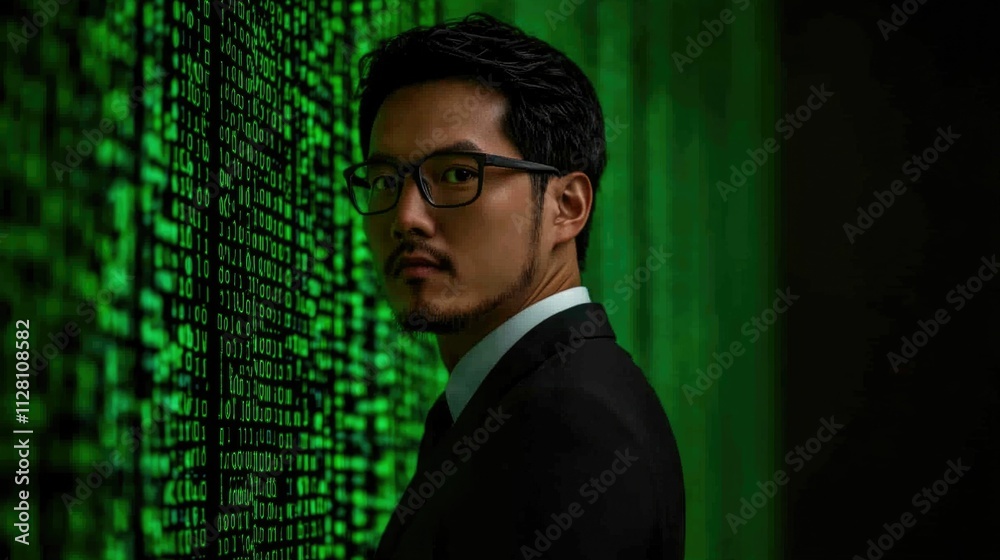 Ethical Hacker Showcasing Coding Creativity and Imaginative Skills in a Futuristic Glowing Matrix Code Setup for Technology and Digital Security Concepts
