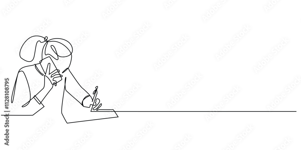 continuous line drawing of woman writing and calling.one line drawing of busy woman working.communicating with customers,home business,online orders.single line vector illustration continuous line drawing of woman writing and calling.one line drawing of busy woman working.communicating with customers,home business,online orders.single line vector illustration