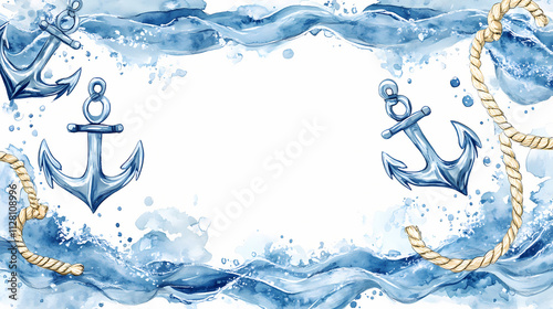 Watercolor nautical frame with anchors, ropes, and blue ocean waves. perfect for marine-themed invitations and designs. Nautical. Illustration photo