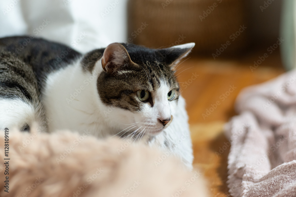 窓辺でくつろぐ可愛い猫 キジトラ白 窓辺でくつろぐ可愛い猫 キジトラ白