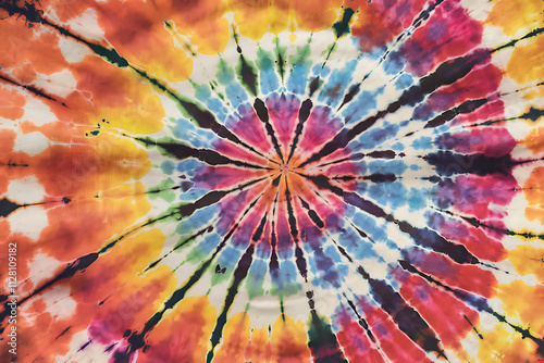 A vibrant tie-dye pattern with concentric circles and flower-like shapes in a warm rainbow palette of oranges, reds, yellows, blues, purples, and indigos photo