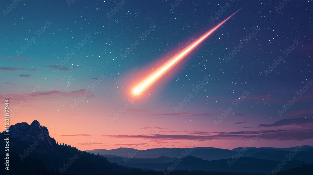 Fantasy concept. Stunning meteor shower over a serene mountain landscape at twilight. Fantasy concept. Stunning meteor shower over a serene mountain landscape at twilight.