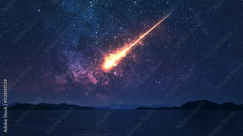 Fototapeta premium Fantasy concept. Bright meteor streaking across a starry night sky over water.