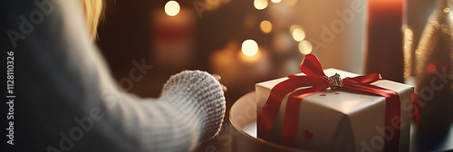 Romantic young couple exchanging Valentine gifts with red ribbon box under warm candlelight glow. Intimate and joyful moment celebrating love and togetherness.
