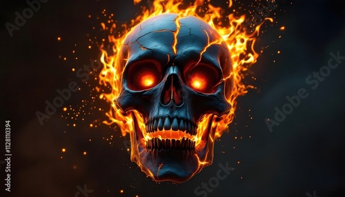 Burning Skull With Glowing Eyes and Fiery Flames in Dark Background