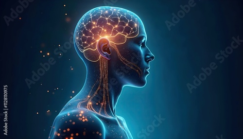 Digital Illustration of Human Brain and Nervous System Glowing with Neural Connections on Dark Background
