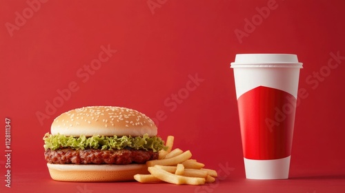 Streamlined fast food meal with burger fries and beverage displayed on a red background emphasizing the restaurant s branding and efficient service model photo