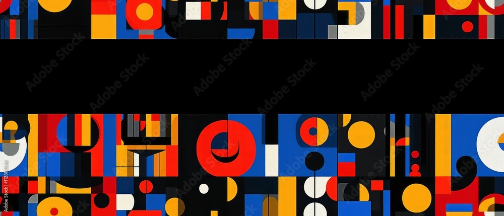 A vibrant abstract design featuring geometric shapes and bold colors on a black background. A vibrant abstract design featuring geometric shapes and bold colors on a black background.