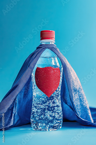 A bottle of water with a superhero cape, 