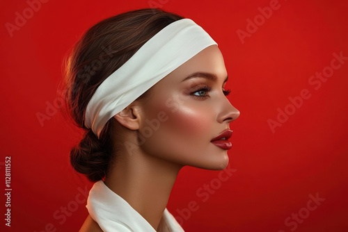 Businesswoman with Blindfold Against Red Background