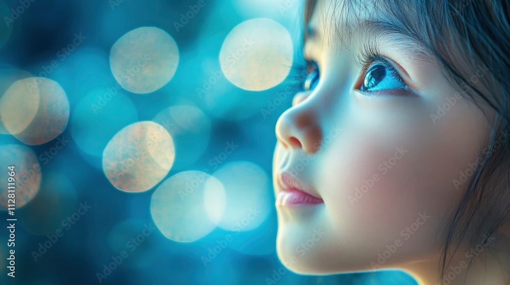A close-up of a child's face with a dreamy expression, surrounded by soft bokeh lights. A close-up of a child's face with a dreamy expression, surrounded by soft bokeh lights.