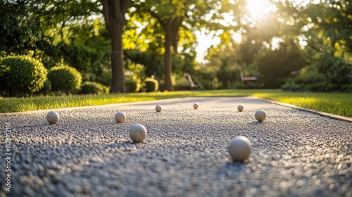 A quiet outdoor bocce court with a well-maintained gravel surface and neatly aligned balls, surrounded by a garden setting, early morning light adding a peaceful touch photo