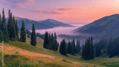 Tall pine trees on mountain slopes with fog in the valley, soft morning light 