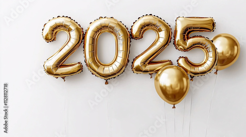 Wallpaper Mural Gold foil balloons spelling '2025' on a minimalistic white background. Ideal for New Year celebrations, milestone parties, and event promotions. Torontodigital.ca