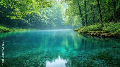 Tranquil and Serene Landscape with a Calm Mirror Like Lake Reflecting the Lush Green Foliage of the Surrounding Woodland