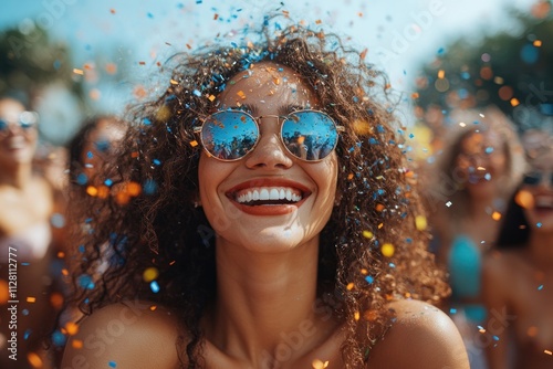 Friends Celebrating Outdoor Party with Confetti and Laughter - Young People Having Fun Together in College Campus