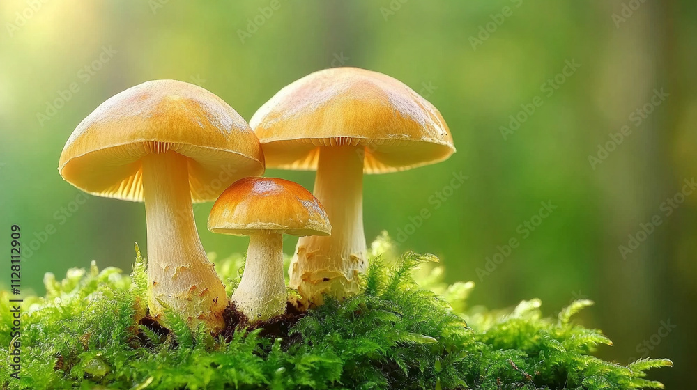 Fototapeta premium Mushrooms growing on vibrant green moss in a serene forest setting evoking themes of growth renewal and connection to nature symbolizing resilience and the interconnectedness of ecosystems