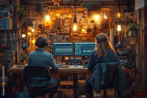 Podcast Hosts Young Woman Interviewing Man at Wooden Table in Cozy Studio with Warm Lighting photo