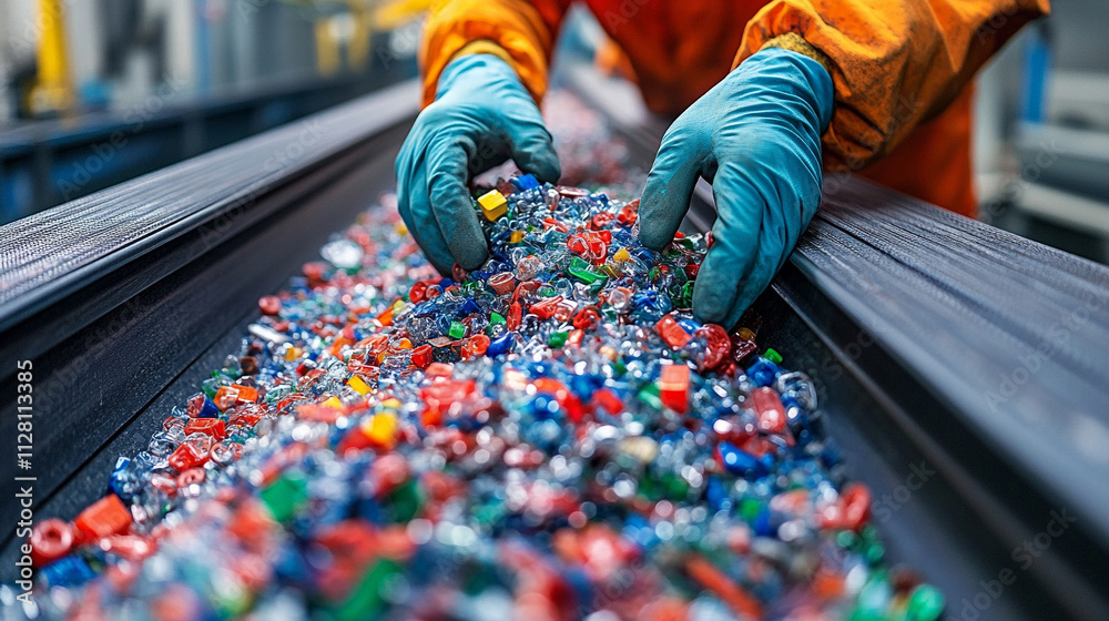 Obraz premium Workers gloved hands meticulously sorting recycled plastic showcasing teamwork sustainability and environmental responsibility in an industrial recycling center emphasizing the importance of waste man