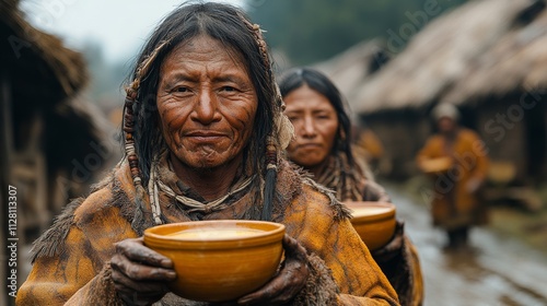 People from China's primitive tribes holding bowls in their hands. photo