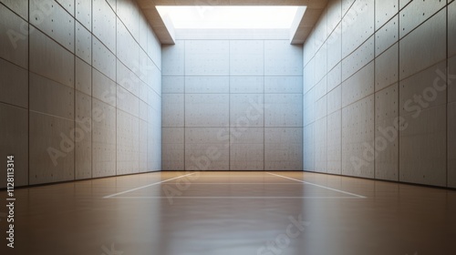 A racquetball court's back wall with the wall and floor texture, indoor setting with focused lighting, Precise style photo