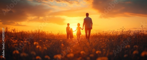 Happy family silhouette walking together in meadow at sunset enjoying outdoor fun and love