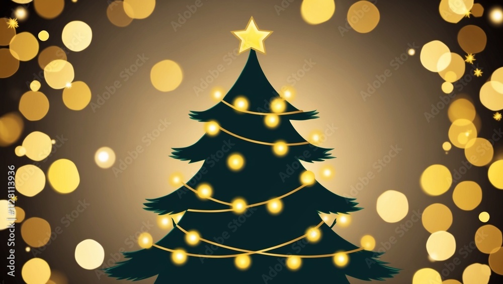 An illustration of a Christmas tree's silhouette, adorned with golden bokeh lights, creating a glowing effect.