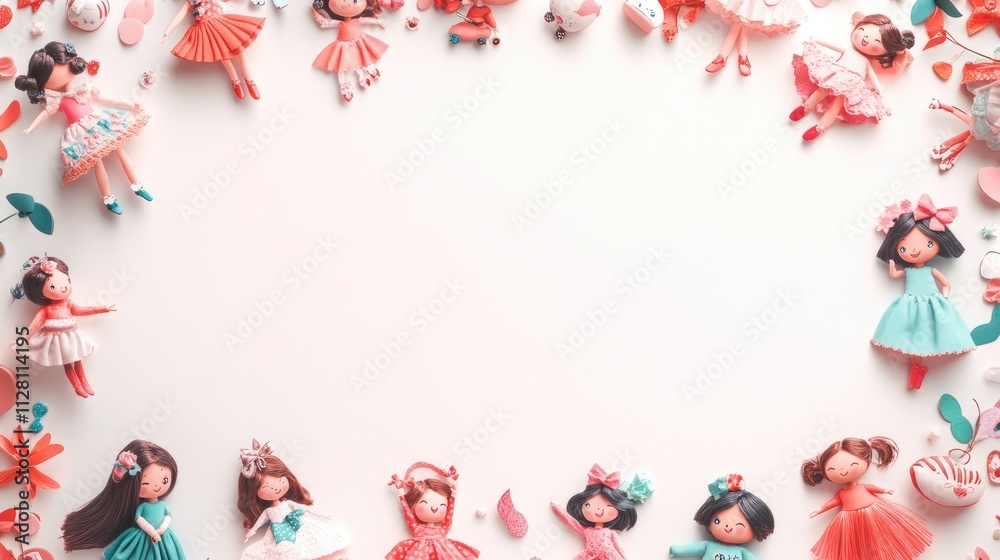 A collection of colorful dolls arranged in a playful layout on a light background.