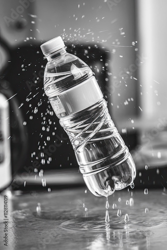 A water bottle doing jumping jacks, spraying tiny drops of water like confetti photo