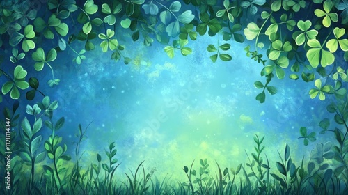 Lush greenery with clovers and leaves against a vibrant blue background. Happy St. Patrick's Day. Saint Patrick