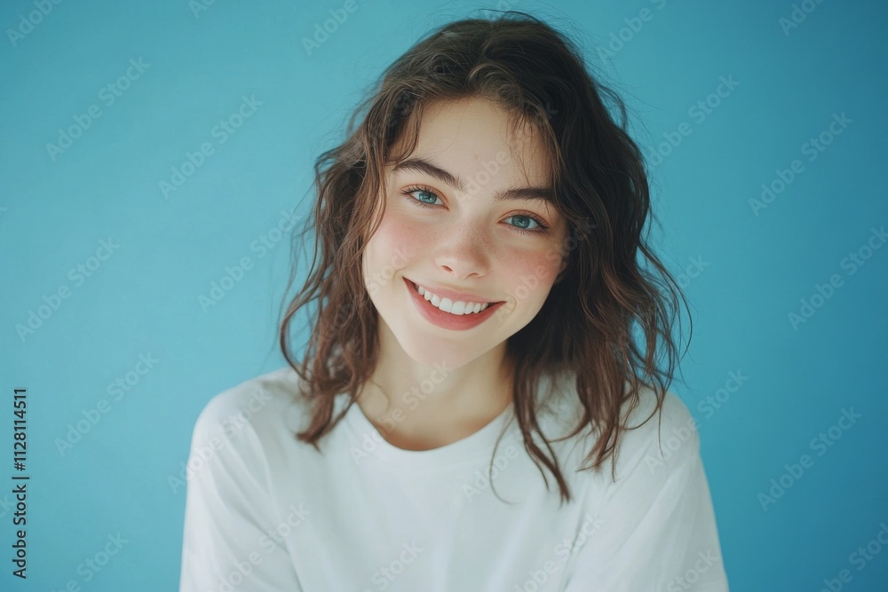 Portrait of a beautiful young woman in a white t-shirt against a blue background. Portrait of a beautiful young woman in a white t-shirt against a blue background.