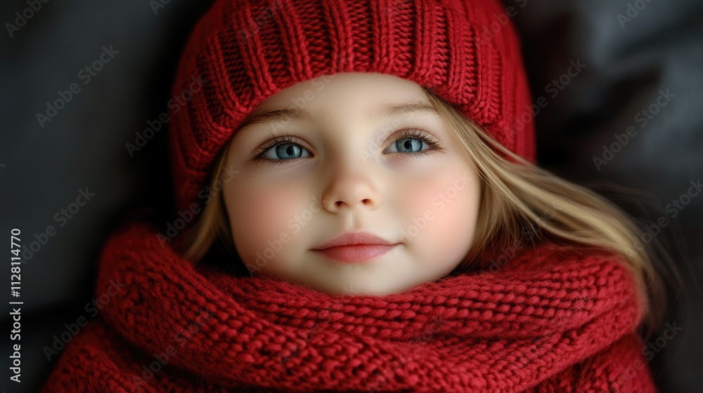 Caucasian young female child in red winter hat and scarf Caucasian young female child in red winter hat and scarf