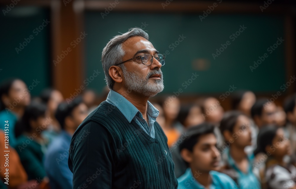 An Indian male professor is giving a lecture in the university auditorium to students. An Indian male professor is giving a lecture in the university auditorium to students.