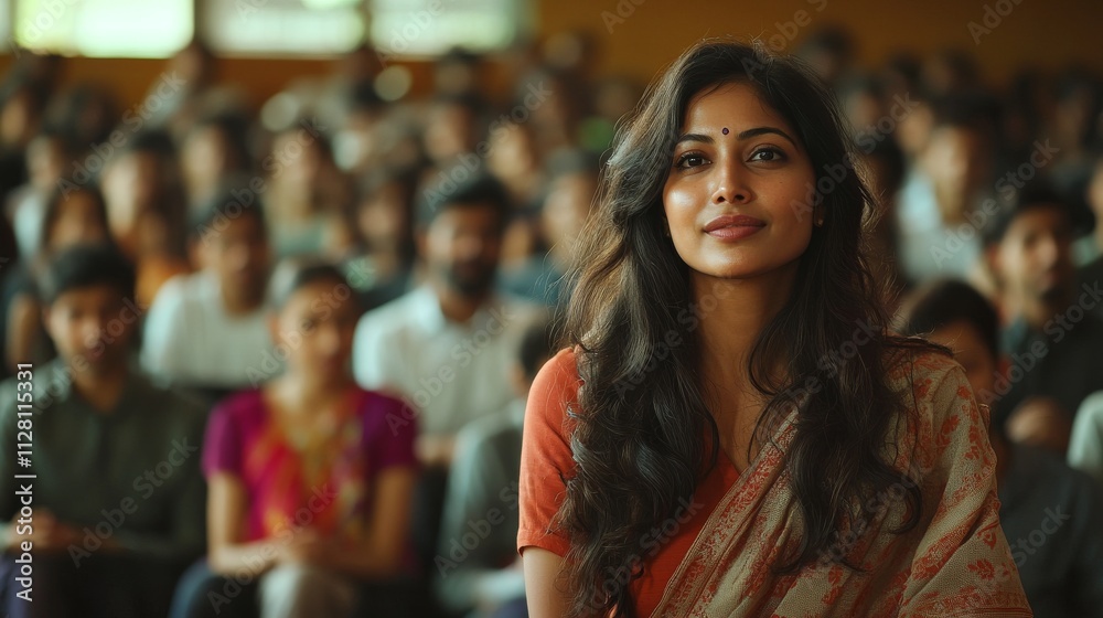 An Indian female professor is giving a lecture in the university auditorium to students.
An Indian female professor is giving a lecture in the university auditorium to students.