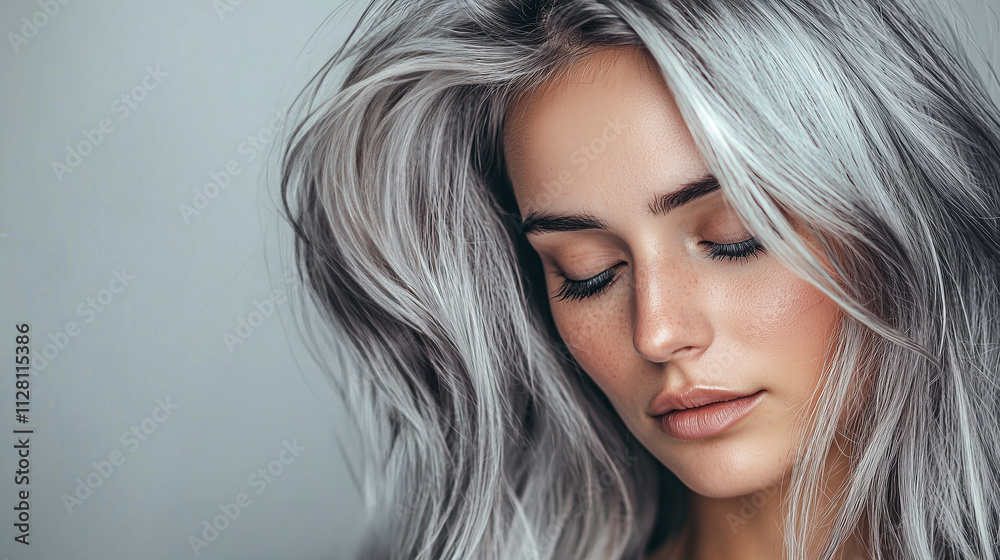 Thoughtful American Woman, Gently Running Fingers Through Silver-Grey Highlighted Hair. Thoughtful American Woman, Gently Running Fingers Through Silver-Grey Highlighted Hair.