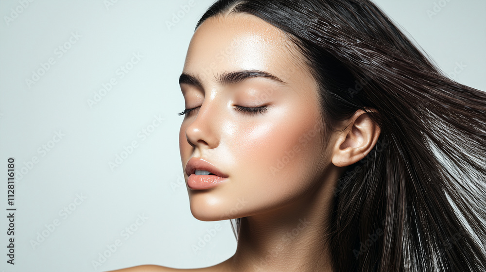 Obraz premium Beautiful Woman Treating Her Hair with Serum for Healthy Shine..
