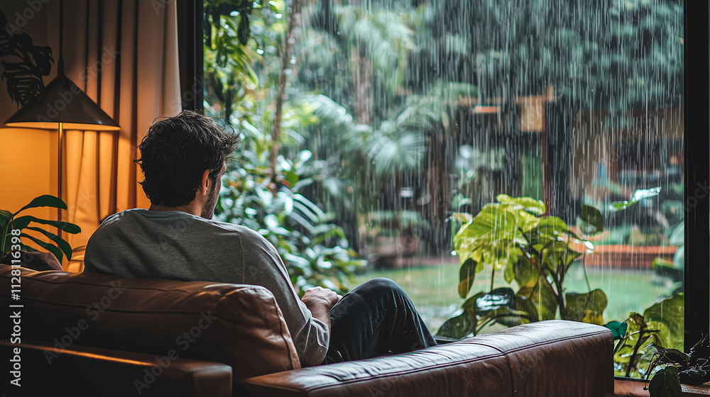Casual Reflection, Man Enjoying Rainy Garden View.. Casual Reflection, Man Enjoying Rainy Garden View..