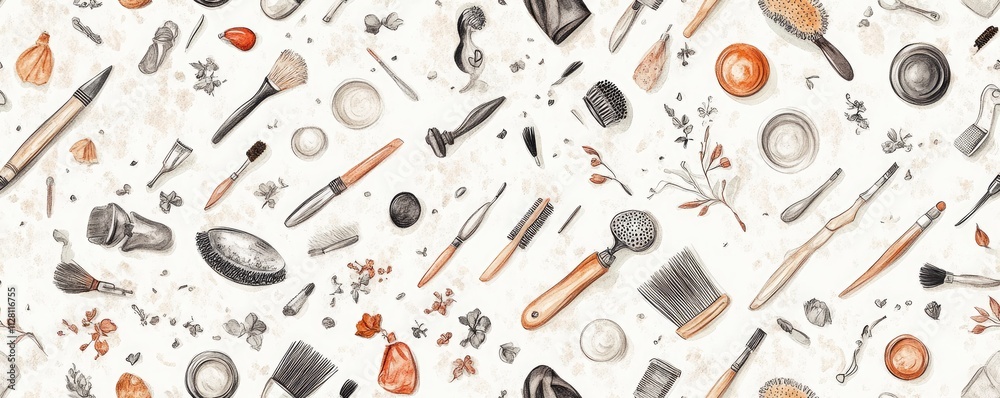 A collage of various kitchen utensils and tools arranged artistically. A collage of various kitchen utensils and tools arranged artistically.
